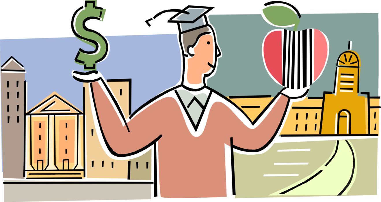 Vector Illustration of College, University Graduate Balances Tuition Student Loans and Value of Higher Learning Education
