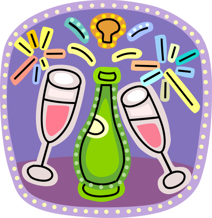 Vector Illustration of Alcohol Beverage Champagne with Glasses Toasting and Fireworks
