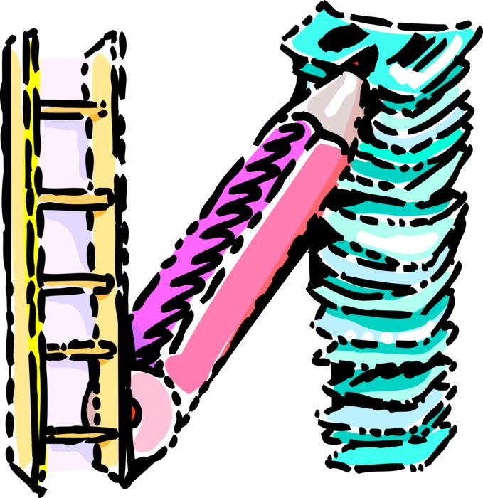 Vector Illustration of Alphabet Written Symbol Consonant Letter N with Step Ladder, Pencil Writing Instrument, Paper Documents