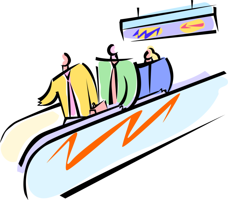 Vector Illustration of Business Associates Commute to Work Riding Escalator in Subway Station