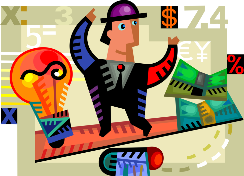 Vector Illustration of Businessman Balances Financial Cash Money Investment and Light Bulb Symbol of Invention, and Good Ideas