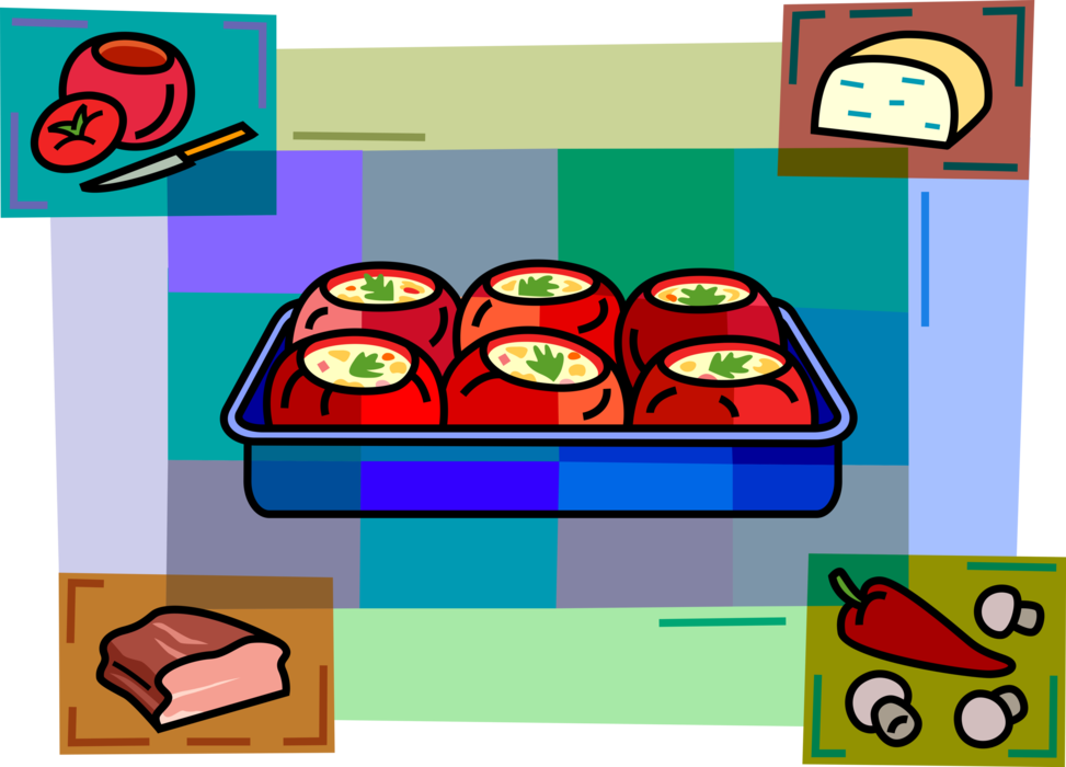 Vector Illustration of Stuffed Tomato Made with Ingredients of Meat, Rice, Onion and Parsley, Bread, Peppers and Mushrooms