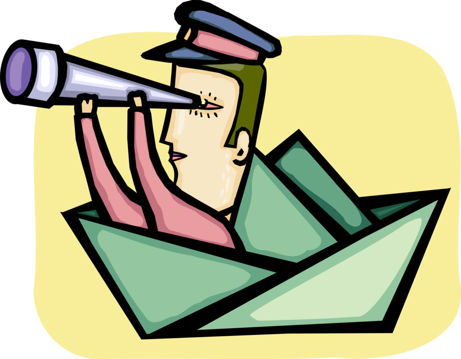 Vector Illustration of Seafaring Mariner Ship's Captain with Spyglass Telescope Searches for Financial Success in Paper Boat