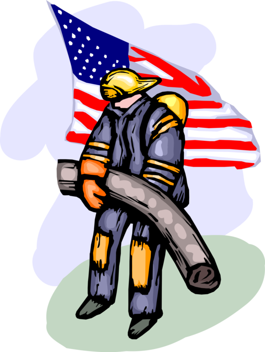 Vector Illustration of Firefighter Fireman Rescue Worker Removes Debris from Disaster Site with American Flag