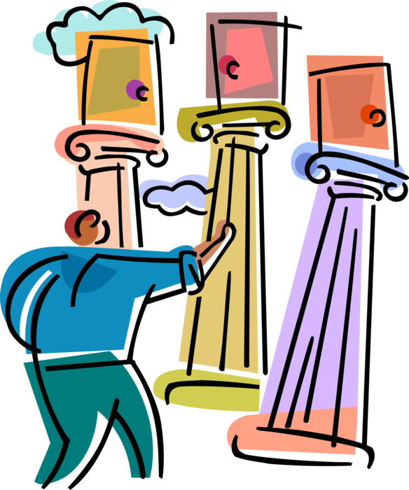 Vector Illustration of Businessman Faces Doorways of Choice and Decision on Pedestal Columns