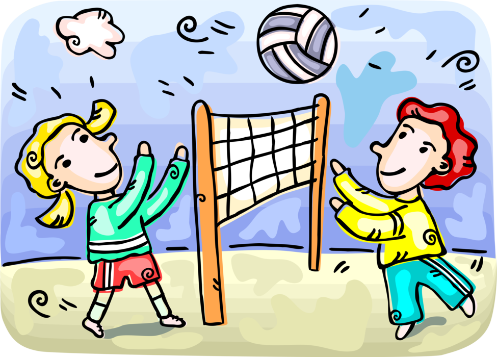 Vector Illustration of Children Play Beach Volleyball with Ball and Net on Summer Holiday Vacation
