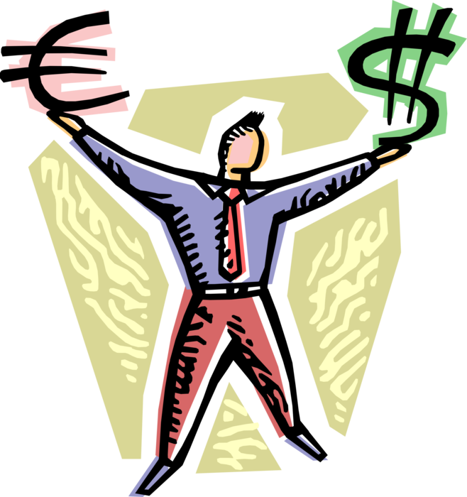 Vector Illustration of Businessman Capitalizes on International Market Business Opportunities with Euro and Dollar Money Signs