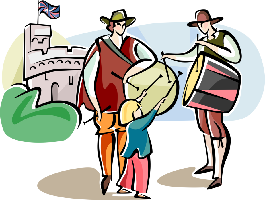 Vector Illustration of Englishmen in Traditional Dress with Drums, Great Britain, United Kingdom
