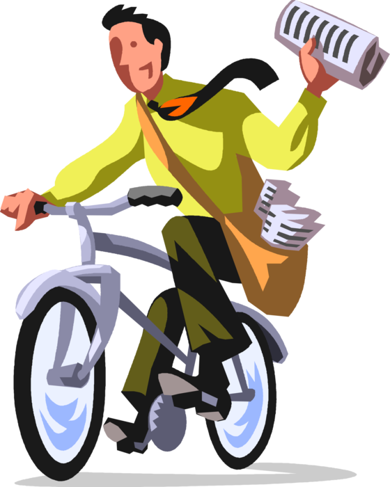 Vector Illustration of Businessman Paperboy Delivers Newspaper Serial Publication Containing News on Bicycle Bike