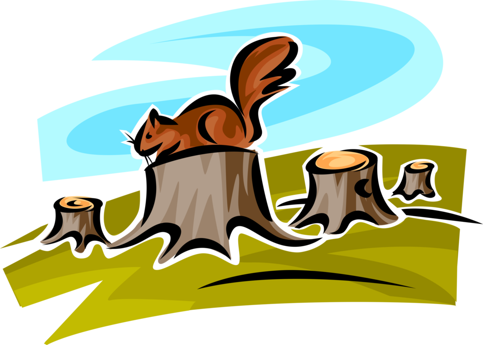 Vector Illustration of Arboreal, Bushy-Tailed Rodent Squirrels in Forestry Industry Clearcutting Deforestation