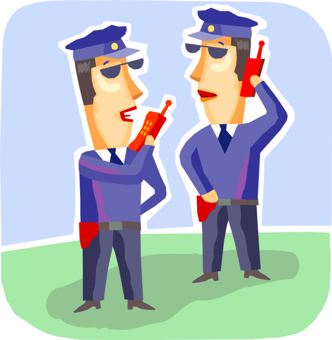 Vector Illustration of Security Guards Talk on Two-Way Radio to Transmit and Receive Information