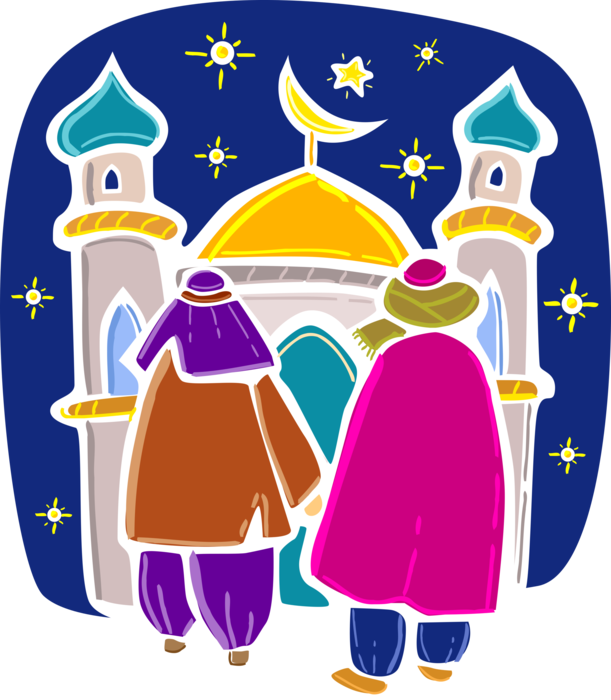 Vector Illustration of Islamic Mosque Muslim or Moslem Temple Worshipers Arrive to Pray and Recite Quran Salat Prayers