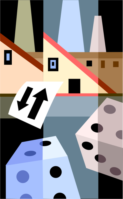 Vector Illustration of Rolling the Dice on Expanding Industrial Manufacturing Factory Production