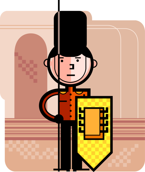 Vector Illustration of British Royal Guard in Bearskin Hat with Computer Circuit Chip on Shield