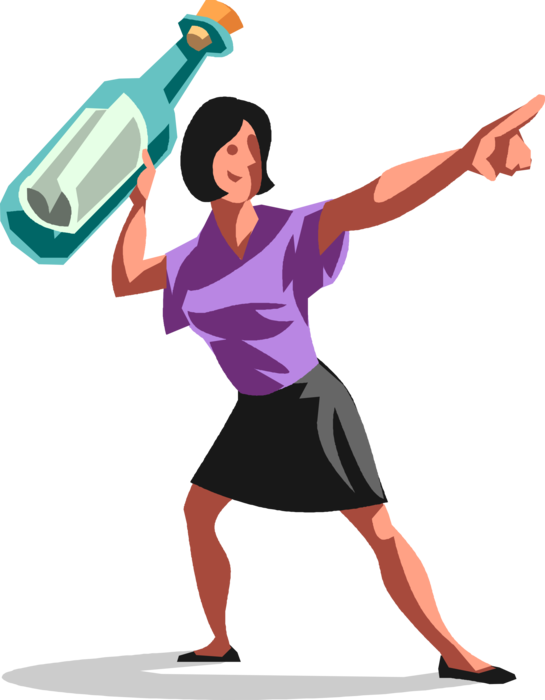Vector Illustration of Businesswoman Throws Communication Message in Bottle into Ocean
