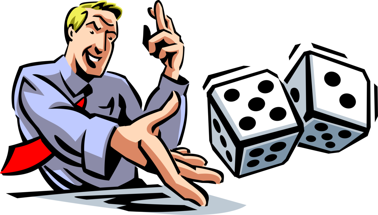 Vector Illustration of Businessman with Fingers Crossed and Rolls Dice used in Pairs in Casino Games of Chance or Gambling