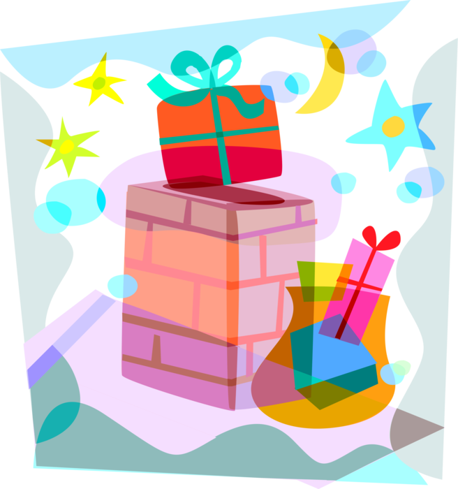 Vector Illustration of Gift Wrapped Christmas Presents Go Down the Chimney
