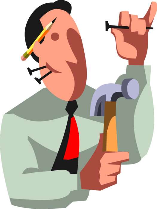 Vector Illustration of Ambitious Businessman Self-Starter with Hammer and Nails