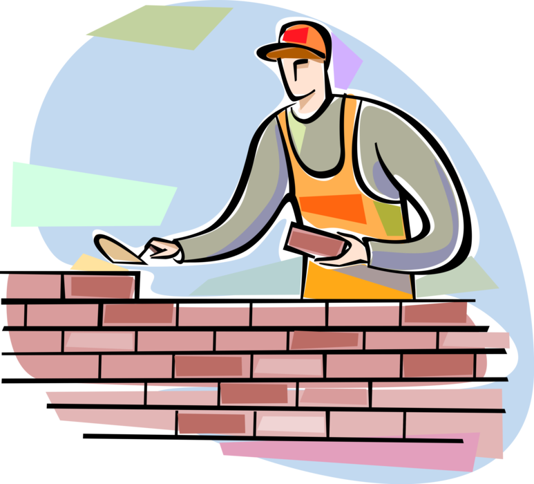 Vector Illustration of Mason Bricklayer with Trowel Laying Masonry Bricks to Build Wall