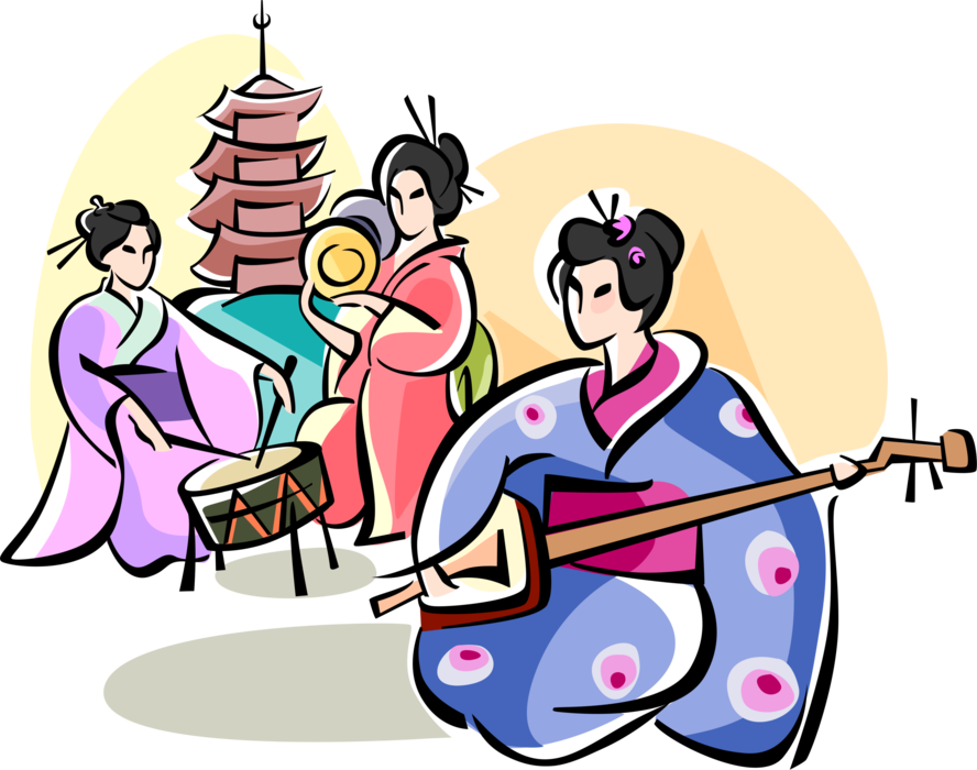 Vector Illustration of Japanese Geisha Entertainer Musicians Perform Music