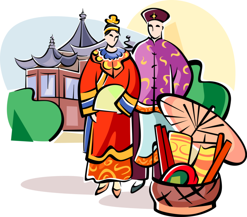 Vector Illustration of Traditional Chinese Asian Wedding Bride and Groom with Gifts