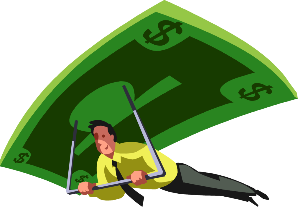 Vector Illustration of Businessman Hang Gliding with Cash Money Dollar Hang Glider Aircraft