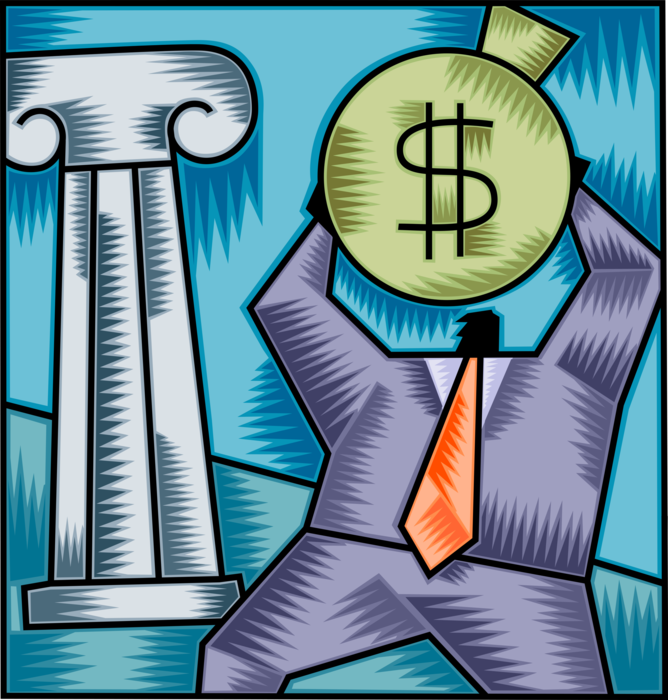 Vector Illustration of Businessman Champion Committed to Achieving Corporate Financial Goals with Cash Money Profit and Column Pedestal