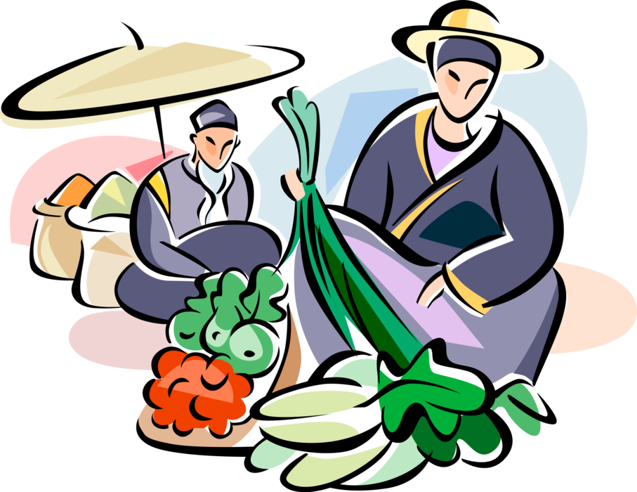 Vector Illustration of Chinese Cuisine Fresh Food and Vegetable Outdoor Market Vendors