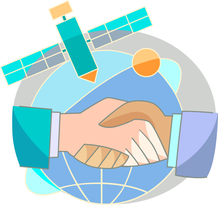 Vector Illustration of Communications Satellite Telecommunications Facilitates Business to Business Interactions with Handshake