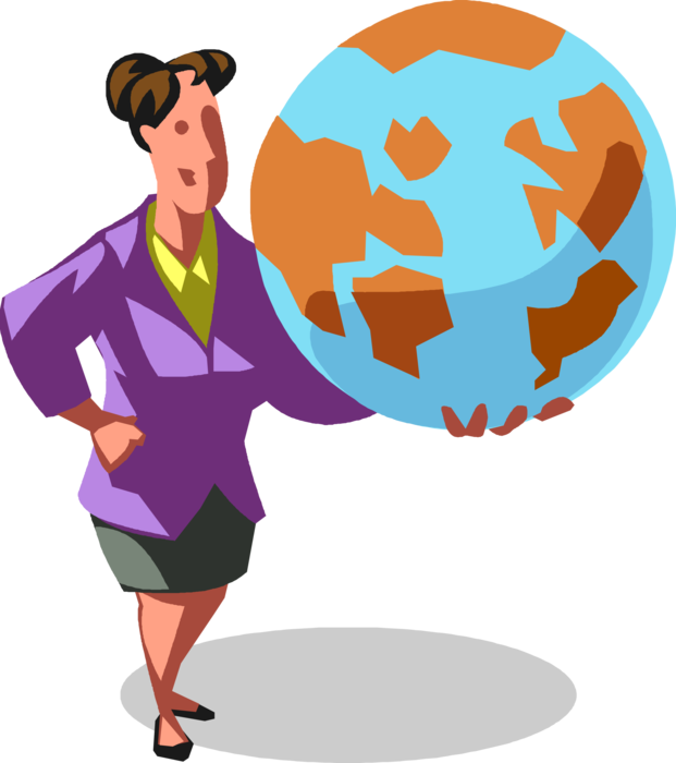Vector Illustration of Confident Businesswoman Takes on the World with Planet Earth Globe
