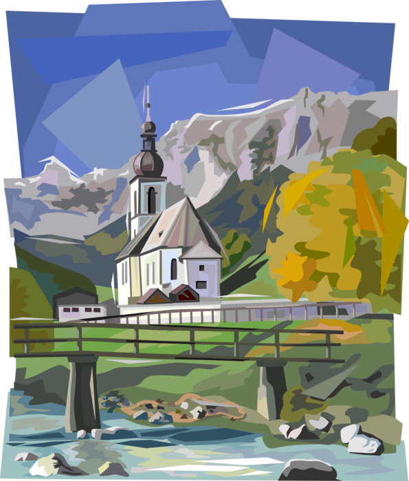 Vector Illustration of Bavarian Country Scene with Church and Mountain