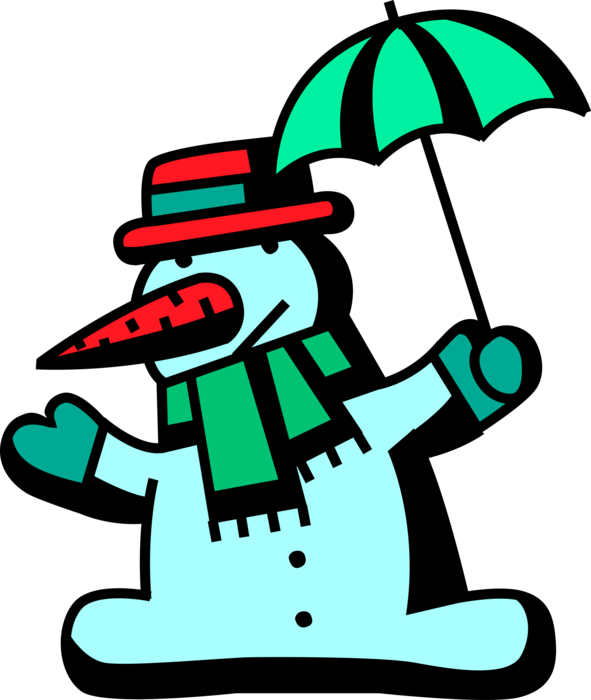 Vector Illustration of Snowman Anthropomorphic Snow Sculpture with Carrot Nose and Umbrella