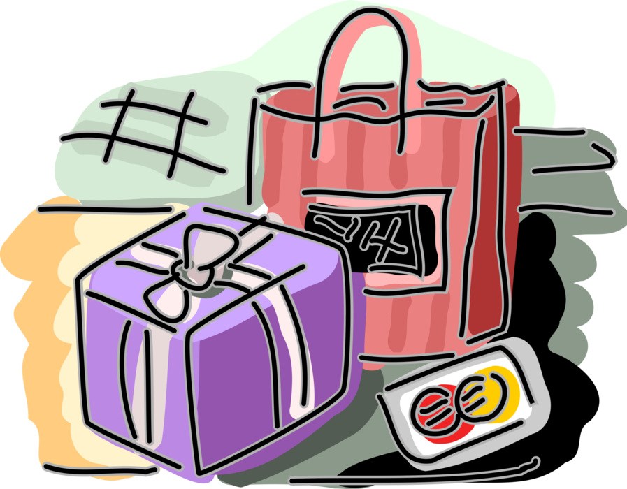 Vector Illustration of Shopping Bag with Retail Gift Wrapped Present Purchase and Credit Card