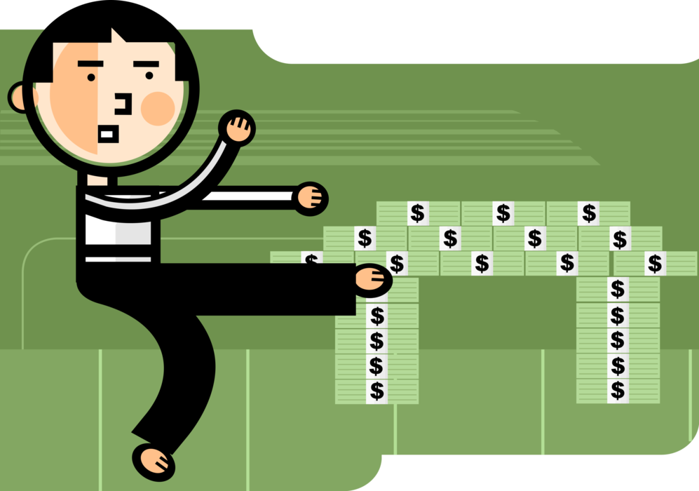 Vector Illustration of Businessman Martial Arts Competitor Executes Taekwondo Karate Side Kick with Financial Torii Gate