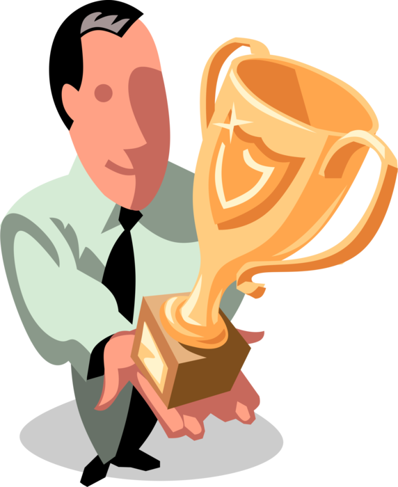 Vector Illustration of Businessman Acknowledged for Outstanding Achievement with Winner's Trophy Award Cup
