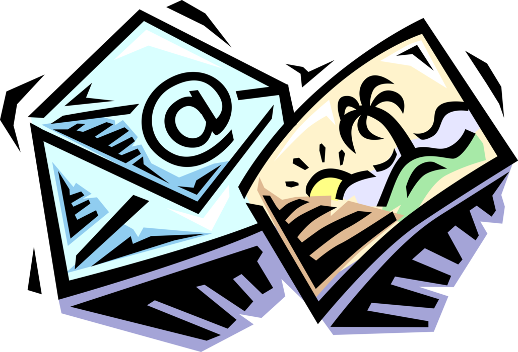 Vector Illustration of Travel Vacation Postcards from Island Holiday with Envelope and Email @ Sign