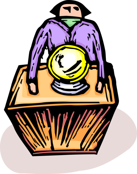 Vector Illustration of Psychic Fortune-Teller Crystal Ball Gazer Seer Prophesies Future Events