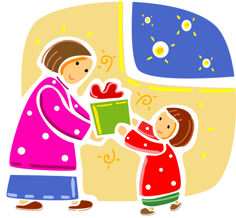 Vector Illustration of Festive Season Christmas Morning Gift Exchange Child Receives Present Gift from Mother