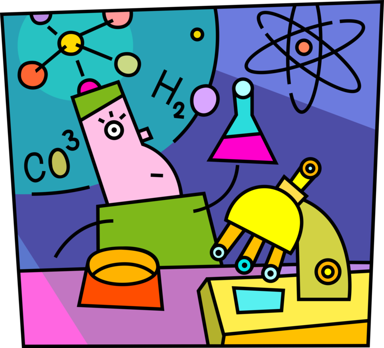 Vector Illustration of Chemist in Scientific Research Laboratory Conducts Experiments with Chemical Compounds and Microscope
