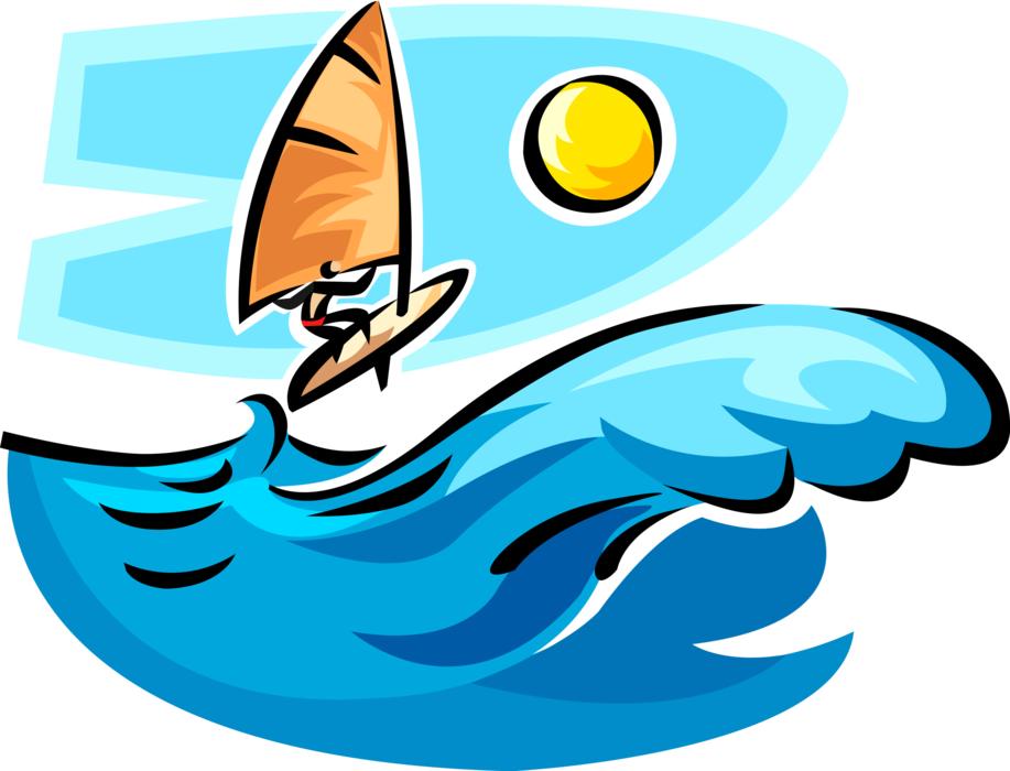 Vector Illustration of Windsurfer on Windsurfing Sailboard Rides Wild Ocean Waves