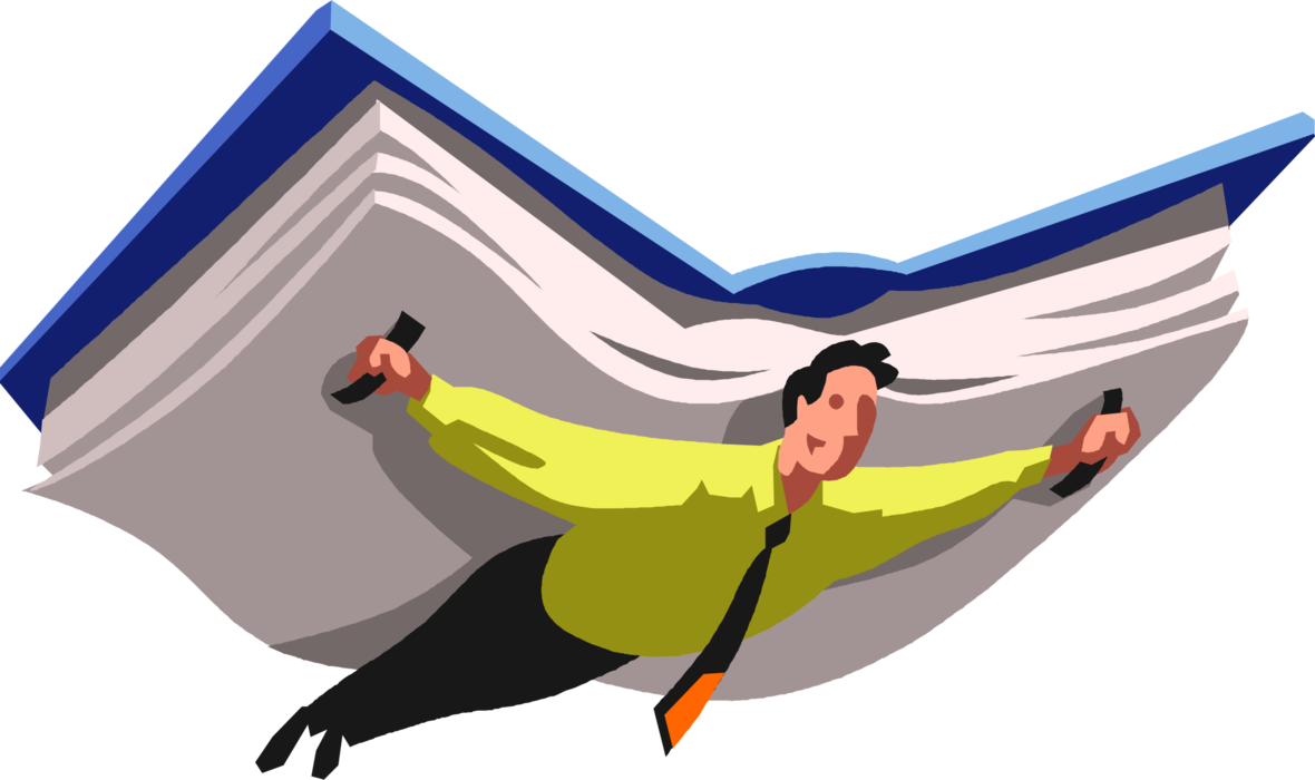 Vector Illustration of Knowledgeable Resourceful Businessman Soars Above Competition Using Knowledge and Learning Book
