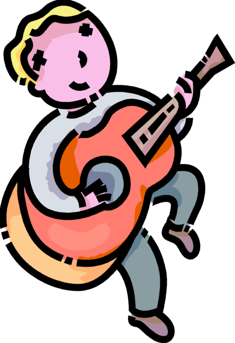 Vector Illustration of Primary or Elementary School Student Boy Plays Guitar Musical String Instrument