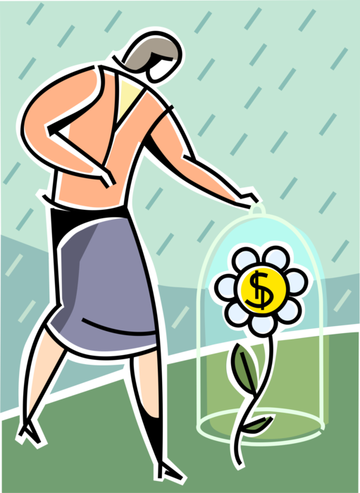 Vector Illustration of Businesswoman Grows Financial Cash Money Plant Flower Under Glass