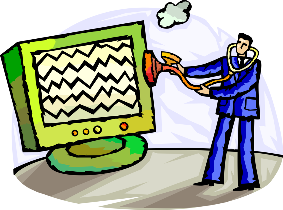 Vector Illustration of Computer Technician Checks Monitor Malfunction with Stethoscope