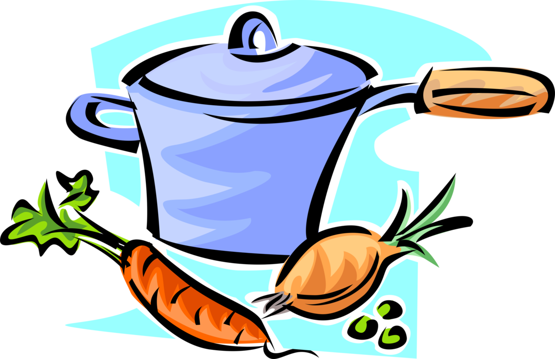 Vector Illustration of Cooking Pot of Vegetable Soup with Carrot, Onion, and Peas