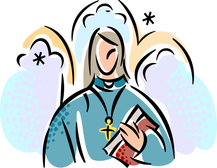 Vector Illustration of Christian Female Priest or Minister with Holy Bible and Crucifix Cross in Religious Church