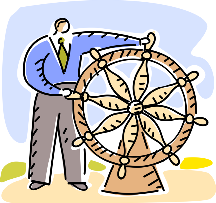 Vector Illustration of Corporate Executive Businessman Steers Ship's Helm Wheel or Boat's Wheel to Change Vessel's Course