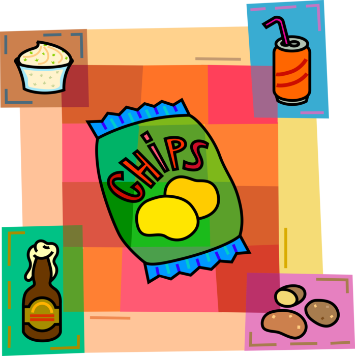 Vector Illustration of Potato Chips or Crisps, Bag of Chips Snack, with Soda Pop Soft Drink and Popcorn
