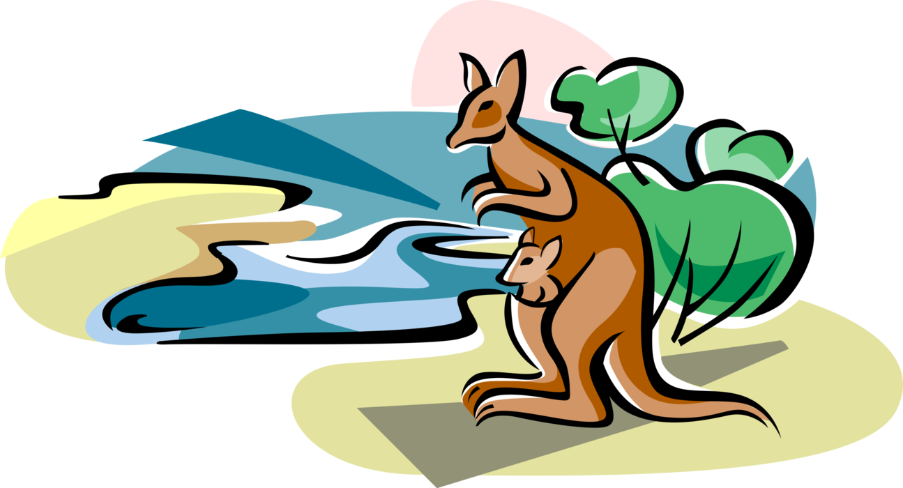 Vector Illustration of Australia the Land Down Under Tourism Lake Eyre with Australian Marsupial Kangaroo