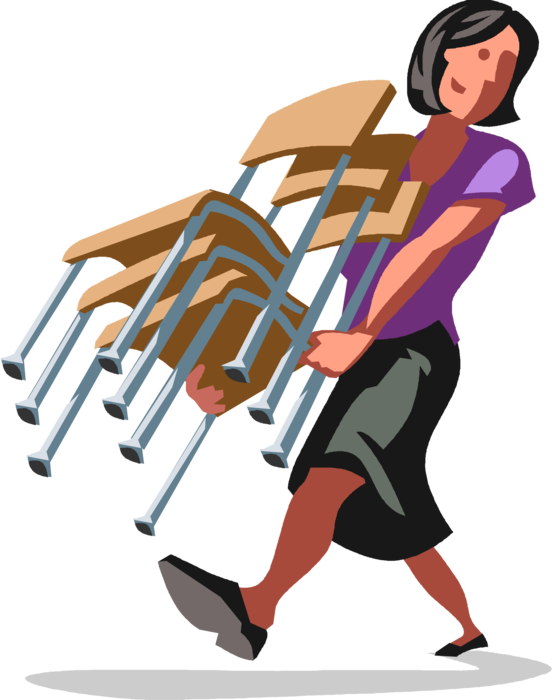 Vector Illustration of Active Workhorse Businesswoman Carries Chair Seats for Audience Members